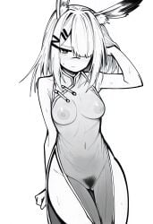 alternate_costume animal_ear_fluff animal_ears arknights arm_up bare_arms bare_shoulders blush breasts china_dress chinese_clothes closed_mouth commentary_request cowboy_shot dress embarrassed female female_pubic_hair frostnova_(arknights) greyscale groin hair_lift hair_ornament hair_over_one_eye hairclip hand_in_own_hair highres large_areolae looking_at_viewer makigirisu mandarin_collar medium_breasts medium_hair monochrome naked_dress navel nipples no_bra no_panties nose_blush one_eye_covered pelvic_curtain pubic_hair scar scar_on_face scar_on_nose see-through_clothes see-through_dress side_slit simple_background sleeveless sleeveless_dress solo stomach thigh_gap thighs white_background