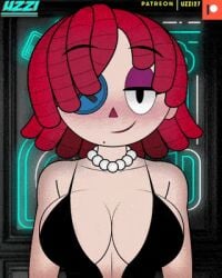 1girls animated artist_name background beauty_mark big_breasts blush breasts button_eye censored censored_nipples cleavage doll dress elegant eyelashes flashing flashing_breasts gooseworx jiggle lipstick looking_at_viewer necklace patreon ragatha_(the_amazing_digital_circus) ragdoll red_hair sexy shaded short_hair smug_face taking_clothes_off the_amazing_digital_circus uncensored_version_available undressing uzzi-ponydubberx yarn