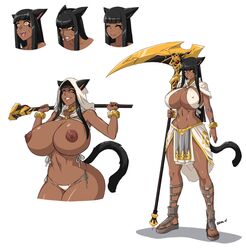 animal_ears areolae breasts cat_ears cat_tail dark-skinned_female dark_skin devil-v female female_only gigantic_breasts nipples original scythe solo thong wide_hips yellow_eyes