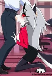 1boy 1girls ai_generated anthro blush breasts canine deepthroat demon demon_girl dripping ear_piercing ears female furry furry_female grey_fur grey_hair head_grab helluva_boss human interspecies long_hair loona_(helluva_boss) male male/female no_bra office office_clothing office_lady open_shirt red_sclera sentientclip sentientpaperclip skirt small_breasts tail two_tone_body two_tone_fur two_tone_tail unseen_male_face white_body white_eyes white_fur wolf wolf_girl