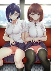 2girls bangs big_breasts black_legwear blue_eyes blue_hair blush breasts brown_eyes brown_hair collared_shirt exhibitionism eyebrows_visible_through_hair female gentsuki grey_skirt groin ground_vehicle high_resolution highleg highleg_swimsuit indoors kneehighs lifted_by_self medium_breasts multiple_girls no_panties original pleated_skirt public_exposure purple_swimsuit pussy school_uniform shirt short_hair sidelocks sitting skirt skirt_lift smile thighhighs thighs train train_interior uncensor_request uncensored white_shirt