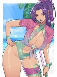 1girls asian asian_female beach big_breasts breasts butterfly_ornament cleavage clothing_cutout earrings facepaint green_eyes hair_ribbon hand_on_hip hand_on_own_hip highleg highleg_leotard hips holding holding_sword holding_weapon japanese japanese_female jewelry large_breasts leotard light-skinned_female light_skin lipstick long_hair looking_at_viewer makeup marvel marvel_rivals mutant_(marvel) nail_polish navel navel_cutout official_alternate_costume one-piece_swimsuit palm_tree ponytail psylocke psylocke_(breezy_butterfly) psylocke_(marvel_rivals) purple_hair ribbon skullworms swimsuit sword thick_thighs thigh_strap tight_clothing tree two-tone_swimsuit weapon wide_hips x-men
