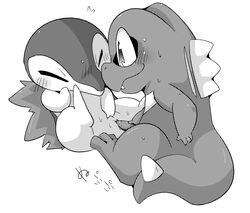 2013 blush cyndaquil doneru duo female feral feral_on_feral highres imminent_sex japanese_text male monochrome nintendo penis pokémon_(species) pokemon pokemon_(species) pokemon_gsc pussy simple_background straight sweat text totodile video_games white_background