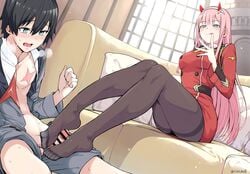 aqua_eyes bar_censor black_hair blush censored chicke_iii couch cum darling_in_the_franxx dress feet foot_fetish footjob green_eyes headband hiro_(darling_in_the_franxx) horns legwear long_hair male open_shirt pantyhose penis pink_hair scar short_hair signed tongue_out uniform zero_two_(darling_in_the_franxx)