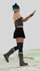 3d blue_hair boots choker clothing dbd dead_by_daylight fishnets gloves hairbuns long_socks makeup nea_karlsson necklace posing ripped_fishnets side_view skirt top view_from_the_side viewed_from_behind zuga69