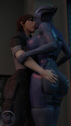 2girls 3d alien asari ass ass_grab big_ass bioware blue_skin bubble_butt commander_shepard female femshep huge_ass kissing liara_t'soni mass_effect thespig yuri
