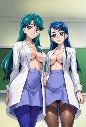 2girls ai_generated belly_button big_breasts blue_eyes blue_hair braid breasts chalkboard female female_only gizzen2001 go!_princess_precure kaidou_minami lab_coat light-skinned_female light_skin long_hair minazuki_karen pantyhose precure pretty_cure skirt toei_animation yes!_precure_5 yes!_pretty_cure_5