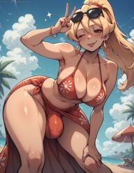 1futa 1girls :p ai_generated beach bikini blonde_hair bluebewwy blush breasts bulge cleavage dress earrings futa_only futanari hair_between_eyes intersex large_breasts leaning_forward looking_at_viewer oc one_eye_closed peace_sign penis ponytail red_eyes solo thick_thighs tongue wink