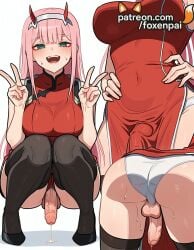 1boy 1futa 2025 ai_generated artist_name black_legwear blush bulge cock condom_on_penis crossdressing cum darling_in_the_franxx dick double_v double_w dress erection eyebrows_visible_through_hair foreskin foxenpai futanari genderswap_(ftm) hairband hi_res high_quality high_resolution highres horns long_hair male_focus multiple_views newhalf otoko_no_ko patreon patreon_username penis phimosis pink_hair precum squatting stable_diffusion sweat testicles thighhighs uncensored v w watermark zero_two_(darling_in_the_franxx)