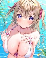 bare_shoulders bikini blonde_hair blush bow breasts cleavage closed_mouth collarbone female flower frown hair_between_eyes hair_flower hair_ornament hair_ribbon large_breasts long_hair looking_at_viewer miwa_uni original outdoors purple_eyes ribbon solo swimsuit wardrobe_malfunction water white_bikini