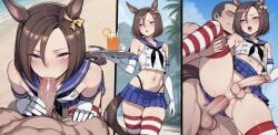2boys ai_generated air_groove_(umamusume) anal ass beach black_neckerchief blowjob blue_eyes boots brown_hair crop_top ear_bow ear_chain elbow_gloves fellatio femboy hair_between_eyes highleg_panties horse_boy horse_ears horse_tail leg_grab leg_up microskirt no1dea precum sailor_collar sand sea sex shimakaze_(kantai_collection)_(cosplay) skirt striped_legwear sweat sweatdrop thighhighs torogao