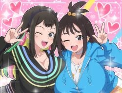 2girls aged_up beyblade beyblade_x big_breasts black_eyes black_hair breasts crossover female female_only game_freak hitokiwa_kenchin huge_breasts lida_(pokemon) light-skinned_female light_skin multi_nana-iro multicolored_hair nanairo_multi nintendo peace_sign pokemon pokemon_legends:_z-a takara_tomy wink