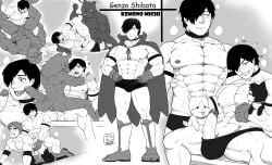 shibata_genzou_(hataage!_kemono_michi) hataage!_kemono_michi male_only muscular_male furry_male male_on_furry wolfgang_von_kraftman orc wolf bangs_over_one_eye monochrome cape underwear_only sweating tofuboyz tagme multiple_poses