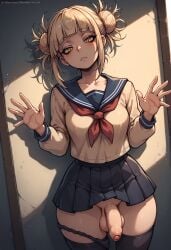 1futa 1girls ai_generated balls blonde_hair bluebewwy boku_no_hero_academia clothed flaccid foreskin futa_only futanari himiko_toga intersex my_hero_academia penis petite school_uniform short_hair skirt small_penis solo standing testicles thighhighs toga_himiko uncircumcised yellow_eyes