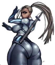 arms_up artist_name artist_signature ass back_turned back_view big_ass big_breasts bodysuit breasts brown_eyes dark-skinned_female dark_skin hips lips locs long_hair master_raven plump_lips reddit skin_tight spandex sword tekken tekken_7 thick_thighs tight_clothing undercut undercut_dreads wide_hips