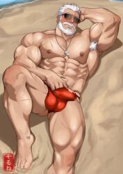 1boy beard bulge daddy dilf gay hand_behind_head male male_only muscular muscular_male overwatch red_thong soldier_76 solo solo_focus solo_male sunglasses white_hair zorune