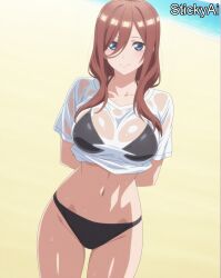 adult ai_generated anime_coloring beach brown_hair day female go-toubun_no_hanayome large_breasts long_hair mature_female messy_hair nakano_nino outdoors stickyai