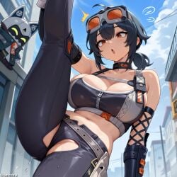 (titancore) adult ai_generated bangboo bangboo_(zenless_zone_zero) curvy_figure female girl goggles_on_head grace_howard huge_breasts leg_up pussy_juice_drip single_girl sweatdrop video_game_character zenless_zone_zero