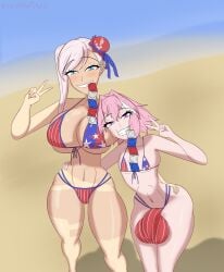 1boy 1boy1girl 1girls 4th_of_july astolfo_(fate) bikini blue_eyes bulge bulge_through_clothing condom condom_in_mouth condom_packet_strip condom_wrapper fate/grand_order fate_(series) female huge_ass huge_balls huge_breasts huge_cock kawaiiredpandas miyamoto_musashi_(fate) miyamoto_musashi_(swimsuit_berserker) otoko_no_ko otokonoko peace_sign pink_eyes pink_hair silver_hair smug smug_face taller_girl tan_body tan_lines tan_skin thick_ass thick_thighs trap