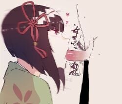 1boy 1girl 1girls aoguro_midori black_hair bob_cut brown_background erika_(pokemon) fellatio female green_kimono hair_ornament heart japanese_clothes kimono oral penis pokemon purple_eyes short_hair simple_background solo_focus straight
