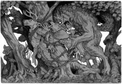 2025 anal anal_sex animal_genitalia animal_penis anthro antlers balls bodily_fluids bondage bondage bottomwear bound canid canine clothed clothing cum cum_inside deer drooling erection forest fox fur genital_fluids genitals group hi_res horn loincloth looking_back looking_down looking_up male male/male male_penetrated male_penetrating male_penetrating_male mammal momamo monochrome muscular muscular_anthro muscular_male mythological_canine mythological_creature mythology nude open_mouth partially_clothed penetration penile penis plant public public_sex rope saliva scared sex stomach_bulge tail teeth tongue tongue_out topwear traditional_media_(artwork) tree trio voyeur waist_grab werecanid werecanine werecreature werewolf