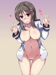 breasts closed_mouth cowboy_shot double_v female gradient gradient_background grey_hair hair_intakes hair_ornament hairclip heart high_school_fleet highres jacket kuroama large_breasts looking_at_viewer moeka_china naked_coat navel nipples open_clothes open_jacket pubic_hair purple_background purple_eyes pussy shiny shiny_skin short_hair simple_background solo standing tears thigh_gap v white_jacket yellow_background