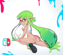 arm_support ass bare_arms bare_shoulders domino_mask female full_body ink inkling leaning_forward lifted_by_self logo looking_at_viewer looking_back mask nintendo nolegal pointy_ears pussy shirt shirt_lift shoe_soles shoes solo splatoon teeth tentacle_hair uncensored white_background white_shirt