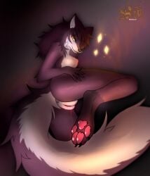 anthro anus astralia_(art) bodily_fluids breasts brown_body canid canine female fox genital_fluids genitals hair hi_res looking_at_viewer mammal nipples pawpads paws presenting presenting_vulva pussy simple_background smile solo solo_focus sparkles vaginal_fluids vulva watermark white_body yellow_eyes