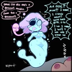 1_eye 2girls bisexual_panic blightstar blue_body blush breasts dialogue english_text female ghost ghost_girl human imminent_rape imminent_yuri madeleine_(blightstar) nervous original original_character panicking parasite purple_hair sleeping sleeping_female somnophilia speech_bubble tagme wide_hips worm zzz