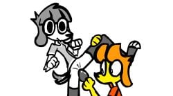 4_fingers anthro bangs black_nose bottomwear buttplug buttplug_insertion buttplug_vibrator clothing dipstick_tail duo feet female female/female fingers flat_chested floppy_ears fur genitals grey_bottomwear grey_clothing grey_ears grey_eyelids grey_hair grey_legwear grey_shirt grey_shorts grey_stockings grey_tail_tip grey_topwear hair hindpaw holding_another holding_leg imminent_anal inserting jackie_(somemf) legwear looking_at_another looking_at_partner looking_at_viewer markings narrow_hips orange_hair paws plug_(sex_toy) plug_insertion raised_leg sex_toy sex_toy_insertion shirt shorts simple_background slim slim_female snout somemf stockings tail tail_markings thigh_highs thin_calves thin_legs toeless toes toony topwear vibrator vulva white_background white_body white_fur yellow_body yellow_fur