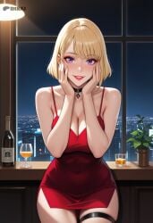 ai_generated big_ass blonde_hair bottle cha_hae_in choker city drunk dtkai hands_on_own_face indoors large_ass large_breasts lights lipstick makeup night purple_eyes red_dress short_hair sky solo_leveling straps whiskey whiskey_bottle window