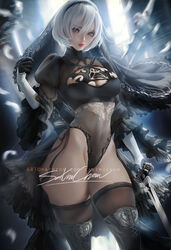 1girls breasts cleavage female female_only leotard looking_at_viewer nier nier:_automata sakimichan solo thighhighs yorha_2b