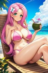 1girls ai_generated beach beach_chair big_breasts bikini blush breasts cloud cocktail_umbrella coconut_drink crossed_legs drinking_straw equestria_girls female female_only fluttershy_(eg) fluttershy_(mlp) friendship_is_magic from_behind hair_ornament hasbro holding_drink large_breasts looking_at_viewer my_little_pony nai_diffusion nail_polish navel novelai ocean pink_bikini pink_swimsuit sky solo solo_female stable_diffusion swimsuit thighs water