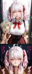 1girls ai_generated big_breasts breasts female japanese_text money nude_breasts offering_money penis penis_in_mouth pink_eyes shirt skirt sloppy twintails