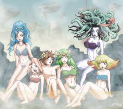 1boy 5girls amazon_pandora barefoot bikini blonde_hair blue_eyes blue_hair brown_hair cleavage green_eyes green_hair hot_spring hot_springs kid_icarus kid_icarus_uprising long_hair medusa medusa_(kid_icarus) multiple_girls navel nintendo palutena phosphora pit pit_(kid_icarus) ponytail public short_hair snake_hair steam strapless_bikini swimming_trunks swimsuit trishbot tubetop viridi water