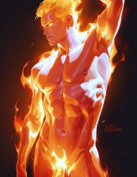 fantastic_four fire gay highres human_torch human_torch_(marvel_rivals) johnny_storm male male_only marvel marvel_rivals muscular muscular_male solo solo_focus solo_male voidbringerr