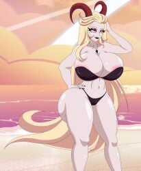 ass bikini blonde_hair breasts child_bearing_hips demon demon_girl demon_horns female hand_behind_head hand_on_hip hazbin_hotel hellaverse horns huge_ass huge_breasts light-skinned_female light_skin lilith_morningstar_(hazbin_hotel) long_hair milf pale-skinned_female pale_skin straight_hair thick_thighs thight_clothing thong very_long_hair vivziepop white_eyes wide_hips xml_xrossover(artist)