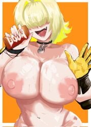 alqkemy777 areolae badonkadonks big_areola big_breasts big_nipples blonde_hair boobs breasts choker chubby covered_eyes elegg_(nikke) fang fat_tits female gloves goddess_of_victory:_nikke hair_over_eyes huge_breasts nikke nipples phone short_hair smile sweat tactical_nudity tagme tits