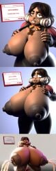 3d 3d_(artwork) blender breast_expansion breasts comic dark-skinned_female gem_(species) gemsona giant_breasts kneeling lactation lactation meatmench_(artist) milk_squirt nervous oc partially_clothed revealing_breasts showing_breasts smirk staurolite_(minerva_gems) steven_universe tongue_out