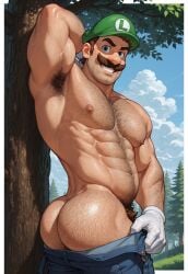 1boy ai_generated arm_behind_head arm_hair armpit armpit_hair ass ass_hair bara biceps big_muscles blue_eyes blue_pants blue_sky body_hair brown_hair chest chest_hair clothing clouds daddy dilf facial_hair gloves green_hat hairy_male hat javier874 large_muscles light-skinned_male light_skin looking_at_viewer luigi male male_nipples male_only mario_(series) mature mature_male mostly_nude moustache muscles muscular muscular_male nintendo nipples outdoors pants pants_pulled_down pecs pubic_hair smiling smiling_at_viewer solo solo_focus solo_male teeth trees white_gloves woods