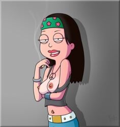 accurate_art_style american_dad badbrains bandana belly_piercing black_hair breasts breasts_out_of_clothes clothes drugged female female_only flashing hayley_smith high long_hair looking_at_viewer necklace nipples pants small_breasts smiling solo standing tagme tank_top weed