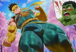 ai_assisted ai_generated blush clothed erection erection_under_clothes fully_clothed gay haruartx heart-shaped_pupils hulk hulk_(marvel_rivals) iron_fist iron_fist_(marvel_rivals) male male_focus male_only marvel marvel_rivals masked masked_male muscular muscular_male muscular_thighs open_mouth thick_thighs yaoi