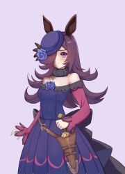 1girls bare_shoulders burn_scar cosplay crossover dagger dress emotionless exposed_shoulders fake_animal_ears female female_only hair_over_one_eye hat ikezawa_hanako katawa_shoujo light-skinned_female light_skin long_hair looking_at_viewer nervous purple_hair reqqles rice_shower_(umamusume) sheath shy solid_color_background solo standing umamusume waist weapon