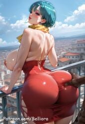 1girls ai_generated anus areolae ass ass_bigger_than_head belliora bob_cut breasts breasts_bigger_than_head bulma_briefs bulma_briefs_(frieza_saga) choker curvy curvy_female curvy_figure dark-skinned_male dragon_ball dragon_ball_z female female_focus female_on_cloth female_only from_below gaping gaping_anus hands_on_ass huge_ass huge_breasts looking_at_viewer looking_back seductive seductive_eyes seductive_look seductive_smile shiny_skin short_hair solo solo_female solo_focus standing teasing tiara voluptuous voluptuous_female