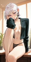 1girls ai_generated bangs blazer blush chainsaw_man cleavage earrings fami_(chainsaw_man) head_tilt highleg_panties indoors leaning_on_hand looking_at_viewer midriff naked navel office one_knee_up open_clothes open_topwear panties parted_lips perfect_body purple_eyes ringed_eyes sexy short_hair sitting_on_table skinny small_breasts solo suggestive white_hair