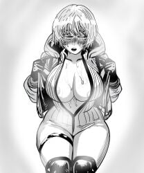 2d 2d_(artwork) airing_out apex_legends areola areola_slip areolae big blush bodysuit breasts breasts_apart breasts_out child_bearing_hips curvaceous fat_ass greyscale jacket_open large_breasts looking_away monochrome nipple_slip nipples removing_clothing scar scar_on_face sigh steam steaming_body steamy_breath sweat sweating sweaty taking_clothes_off thick_thighs tight_clothing wattson_(apex_legends) wide_hips