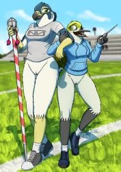 absurd_res anthro apodiform avian band_shirt bird blush bottomless casual_exposure clothed clothing conducting_baton duo falcon falconid female female/female fish_birb football_field footwear genitals hi_res hoodie hummingbird katie_(fish_birb) marching_band nine_inch_nails peregrine_falcon practice pussy sarah_(fish_birb) shirt shoes sneakers socks t-shirt topwear vulva
