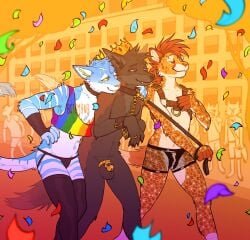 0ct0m0n0 anthro anthro_on_anthro arm_around_shoulders armwear background_character black_body black_clothing black_collar black_fur black_hair black_nose black_panties black_underwear blue_body blue_eyes blue_fur blue_hair boone_zofox bound brown_body brown_fur brown_harness building canid canine chastity_cage chastity_device closed_eyes closed_smile clothed clothing collar confetti crown cuff_(restraint) eyebrow_piercing facial_piercing facial_spots fangs felid fur gay gay_male green_eyes group hair hand_on_hip handcuffs harness headgear hi_res jace_(boonezofox) latex latex_armwear latex_clothing latex_legwear latex_panties latex_underwear leash leash_pull legwear male male/male mammal metal_cuffs mouth_closed multicolored_clothing narrowed_eyes nude orange_body orange_fur orange_hair orange_nose outside panties piercing plant public rainbow_clothing restraints short_hair skimpy smile spotted_arms spotted_face spotted_legs striped_arms striped_legs teeth tree trio_focus underwear walking wearing_chastity_cage wearing_chastity_device white_body white_fur yaoi