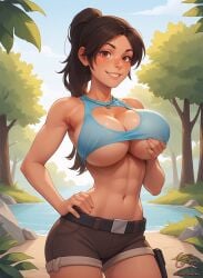 abs ai_assisted ai_generated belt breasts brown_eyes brown_hair brown_shorts cleavage cleavage_cutout creamybiscuit freckles grabbing_own_breast hand_on_hip large_breasts lips long_hair muscular navel ponytail short_shorts shorts smile toned underboob water