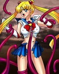 back_bow blonde_hair blue_eyes blue_sailor_collar blue_skirt bow breasts crescent double_bun elbow_gloves female gloves jewelry knee_boots long_hair magical_girl one_eye_closed red_bow red_choker sailor_collar sailor_moon sailor_senshi_uniform skirt solo tentacle tiara torn_clothes tsukino_usagi twintails white_gloves
